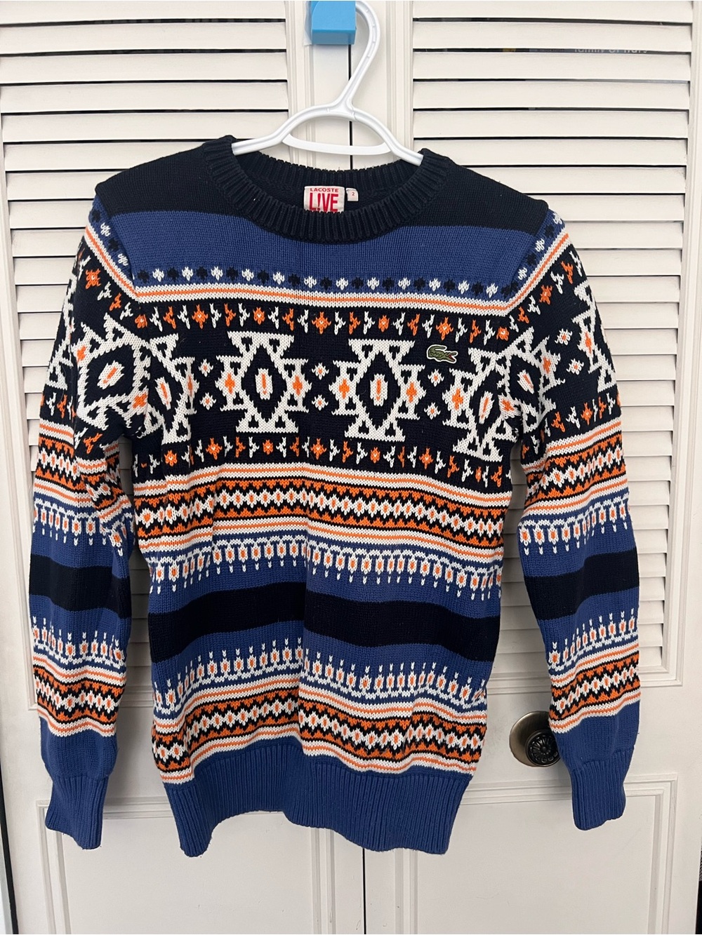 Lacoste Blue & Navy Fair Isle Crewneck Sweater with Orange and White Accents
